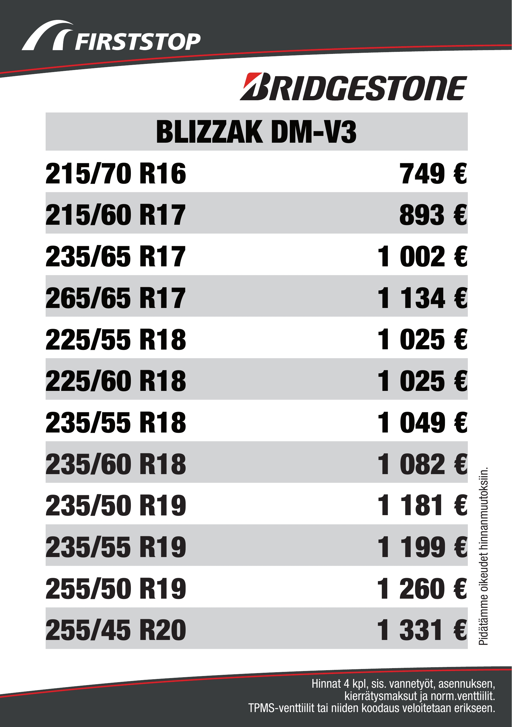 Bridgestone Blizzak DM-V3 hinta